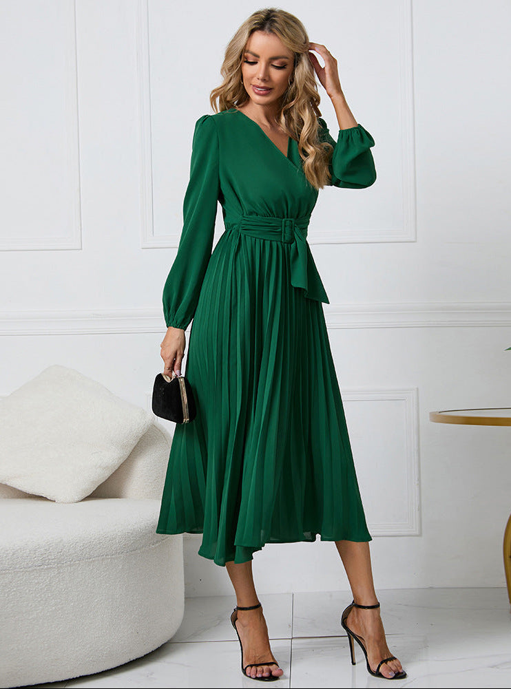 Women's Pleated Midi Dress with Long Sleeves and Wrap Waist