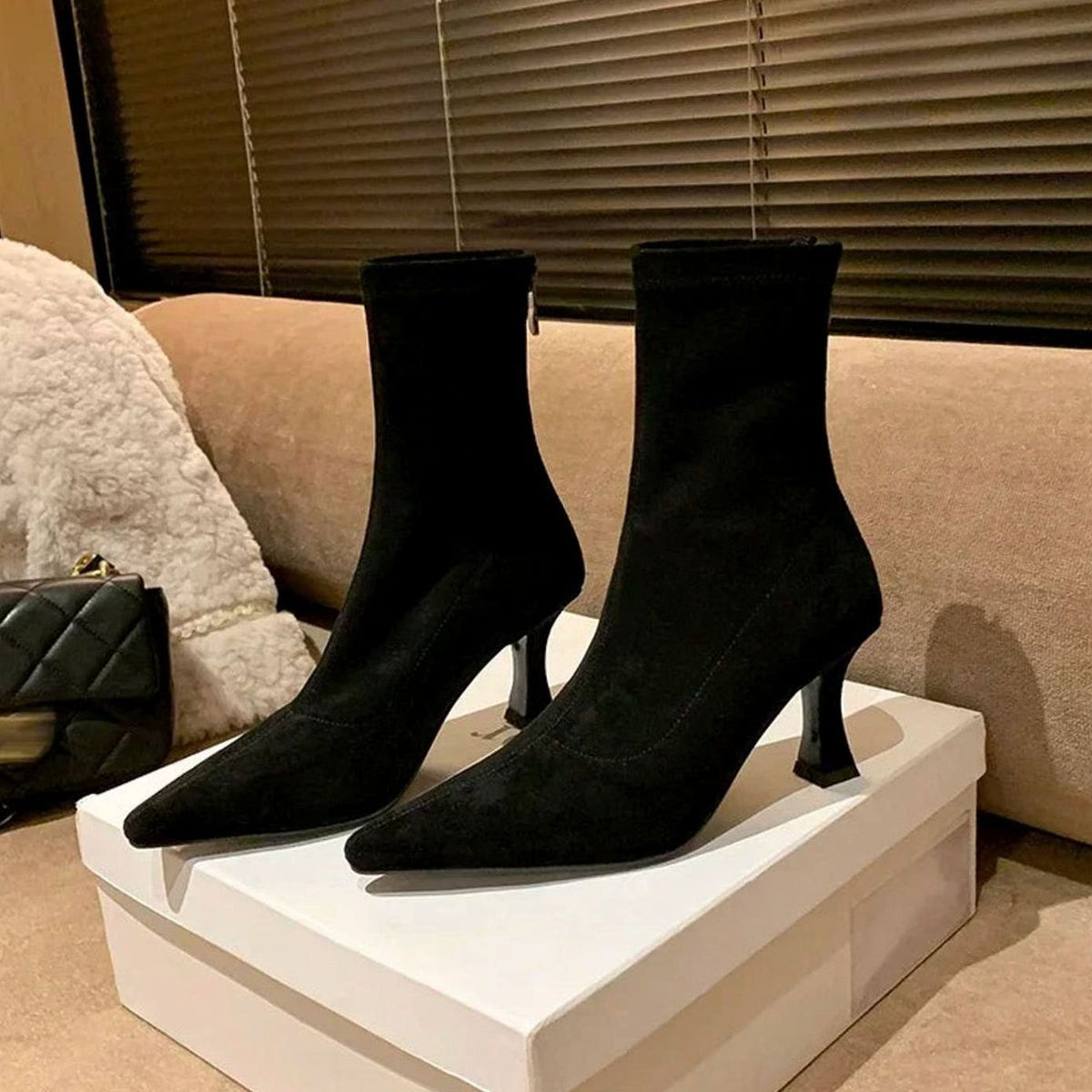 Luna | Women's Pointed Toe Kitten Heel Sock Ankle Boots