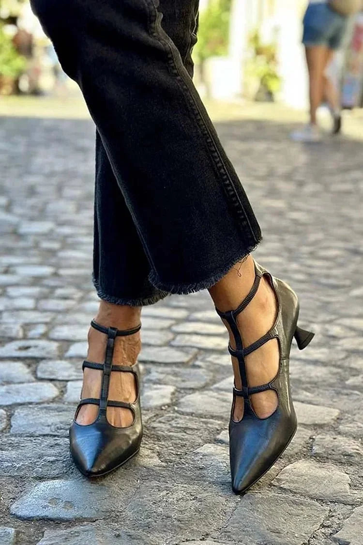 Women's pointed toe pumps strappy low block heel