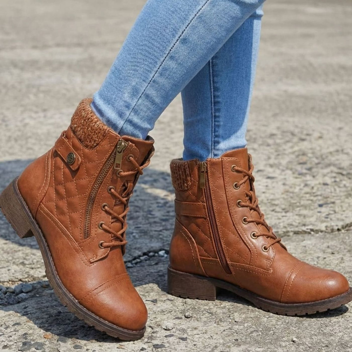 Emma | Women's Quilted Faux-Leather Lace-Up Block-Heel Ankle Boots