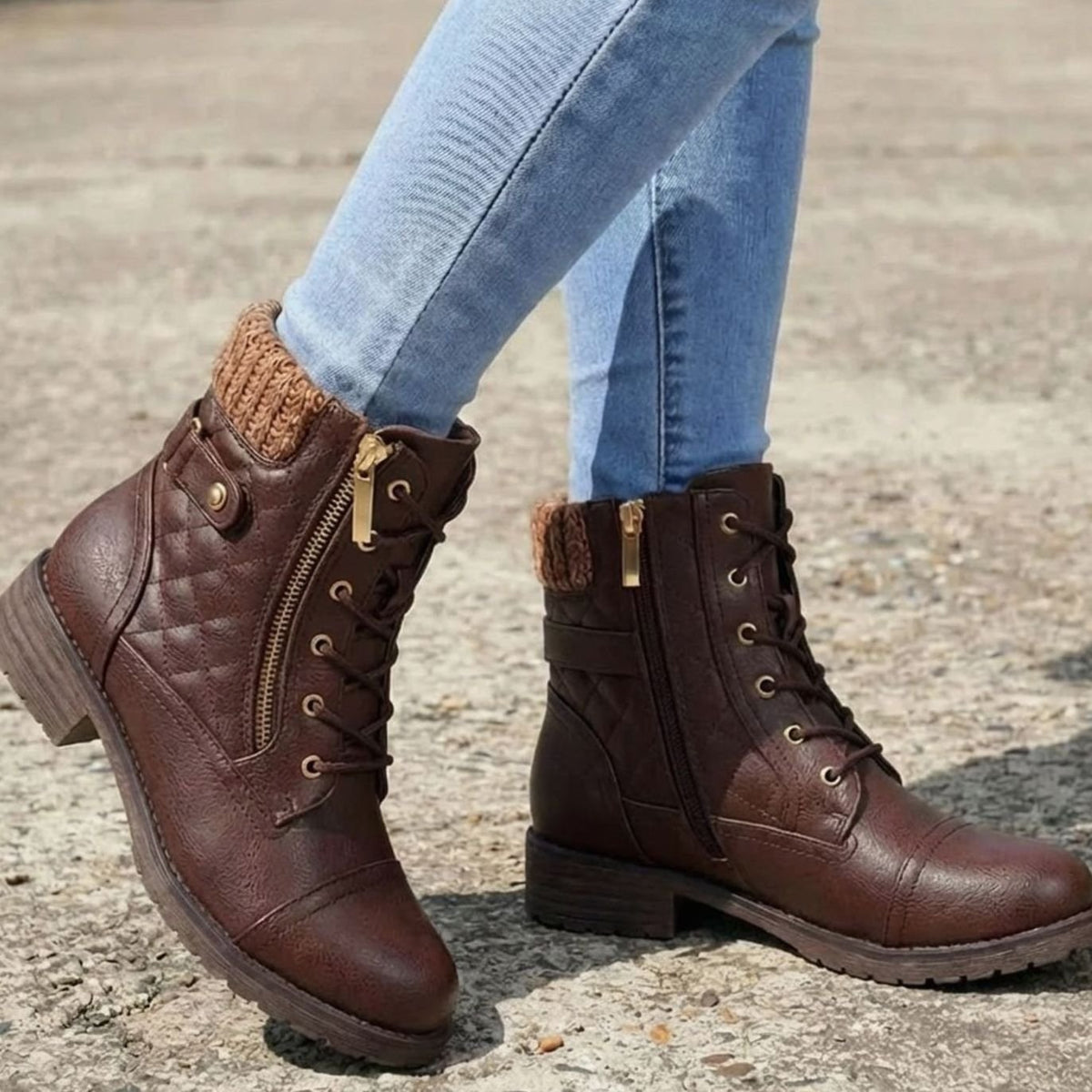 Emma | Women's Quilted Faux-Leather Lace-Up Block-Heel Ankle Boots