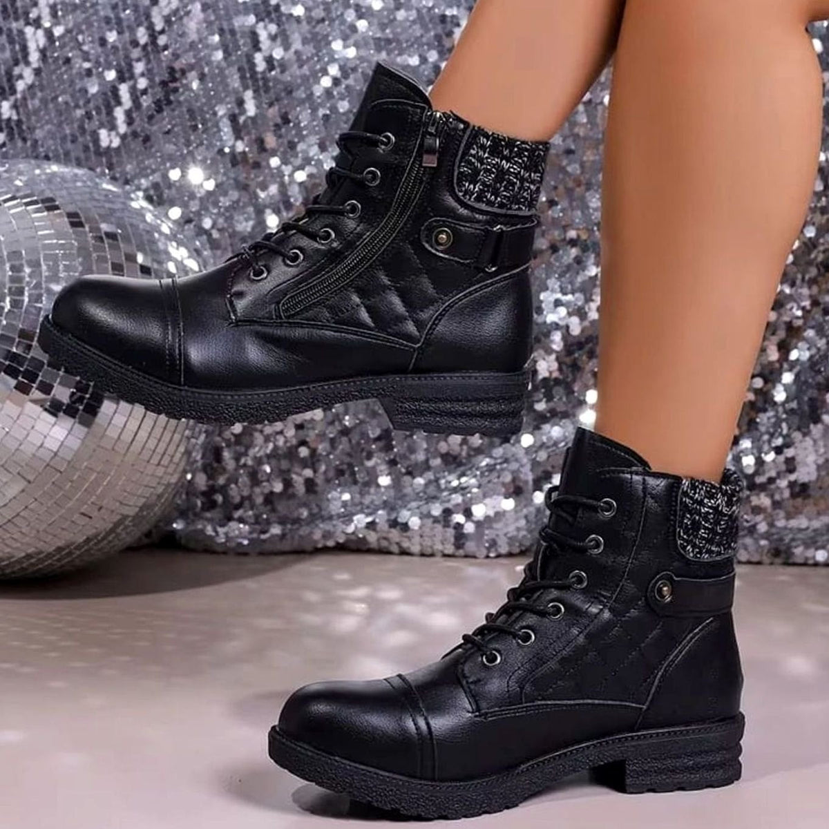 Emma | Women's Quilted Faux-Leather Lace-Up Block-Heel Ankle Boots