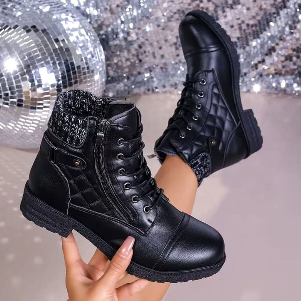 Emma | Women's Quilted Faux-Leather Lace-Up Block-Heel Ankle Boots