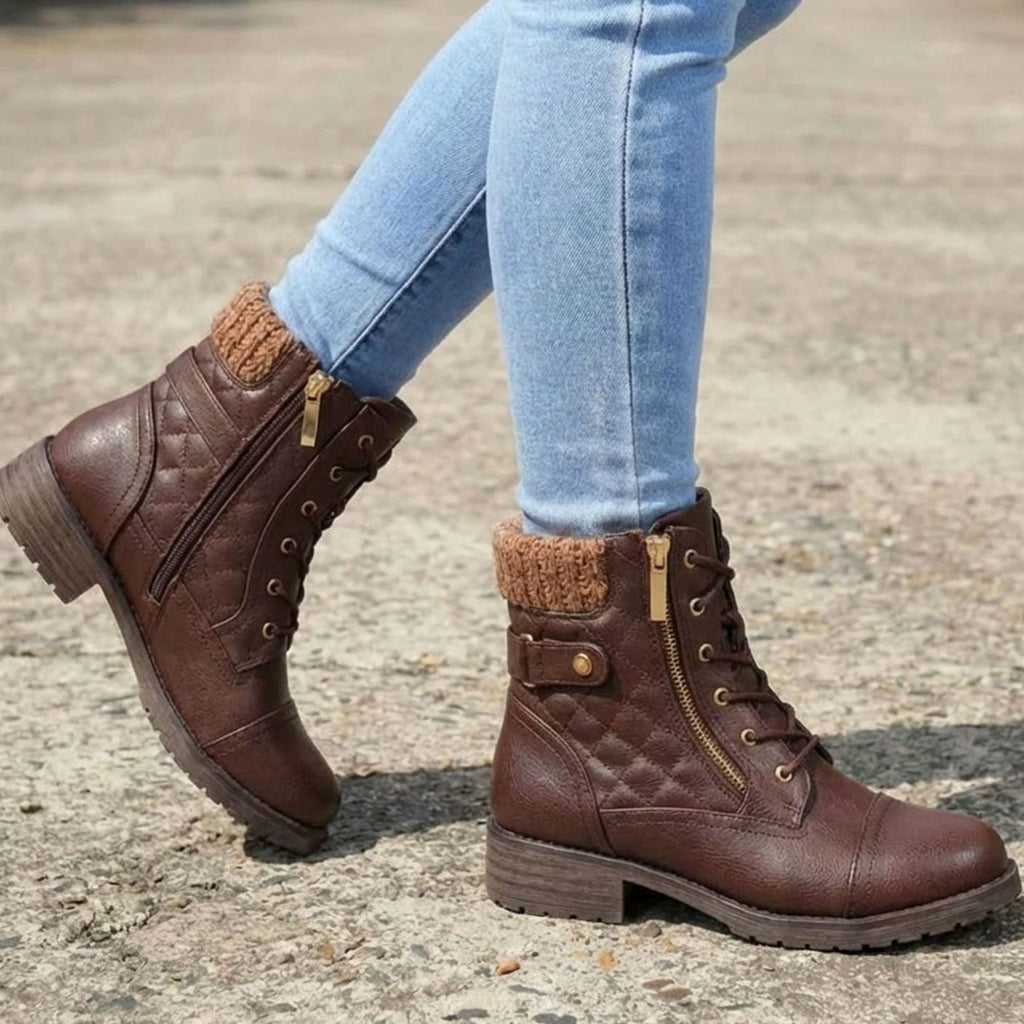 Emma | Women's Quilted Faux-Leather Lace-Up Block-Heel Ankle Boots