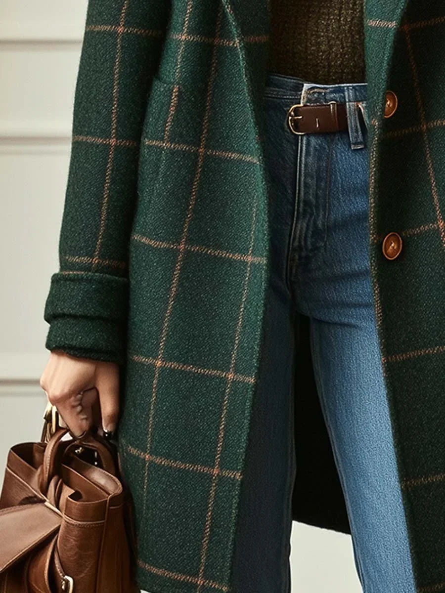 Women's retro lapel plaid tweed coat