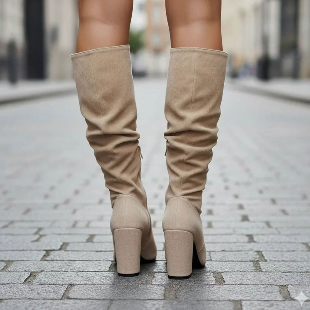 Scarlett | Women's Ruched Faux Suede Block Heel Knee High Boots