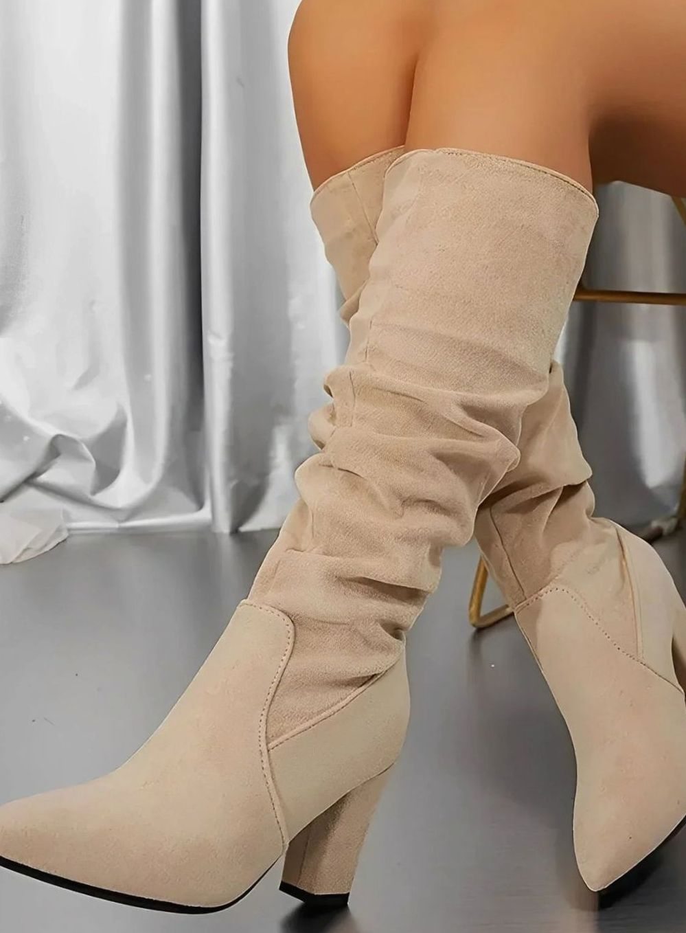 Scarlett | Women's Ruched Faux Suede Block Heel Knee High Boots
