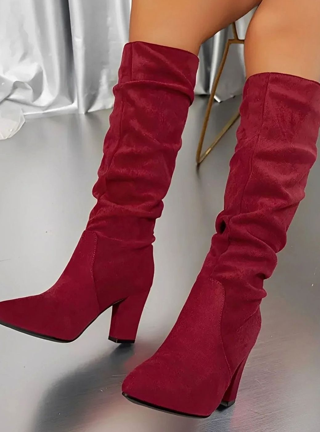 Scarlett | Women's Ruched Faux Suede Block Heel Knee High Boots
