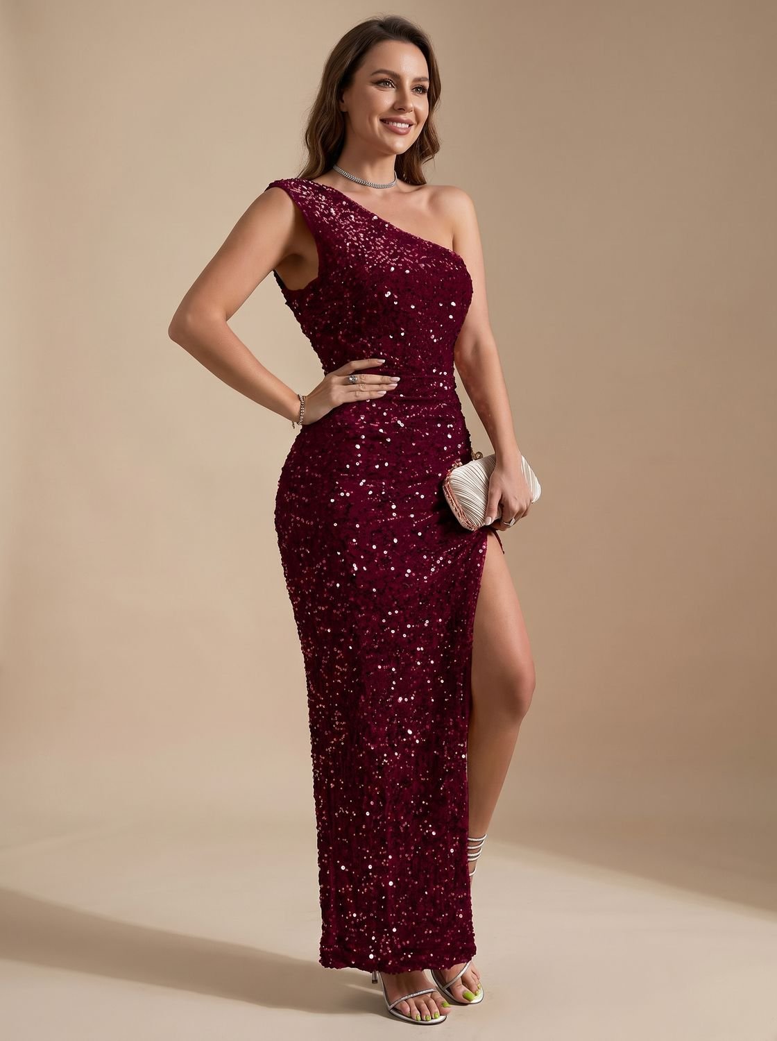 Harper | Women's Sequin One-Shoulder High-Slit Christmas Party Maxi Dress