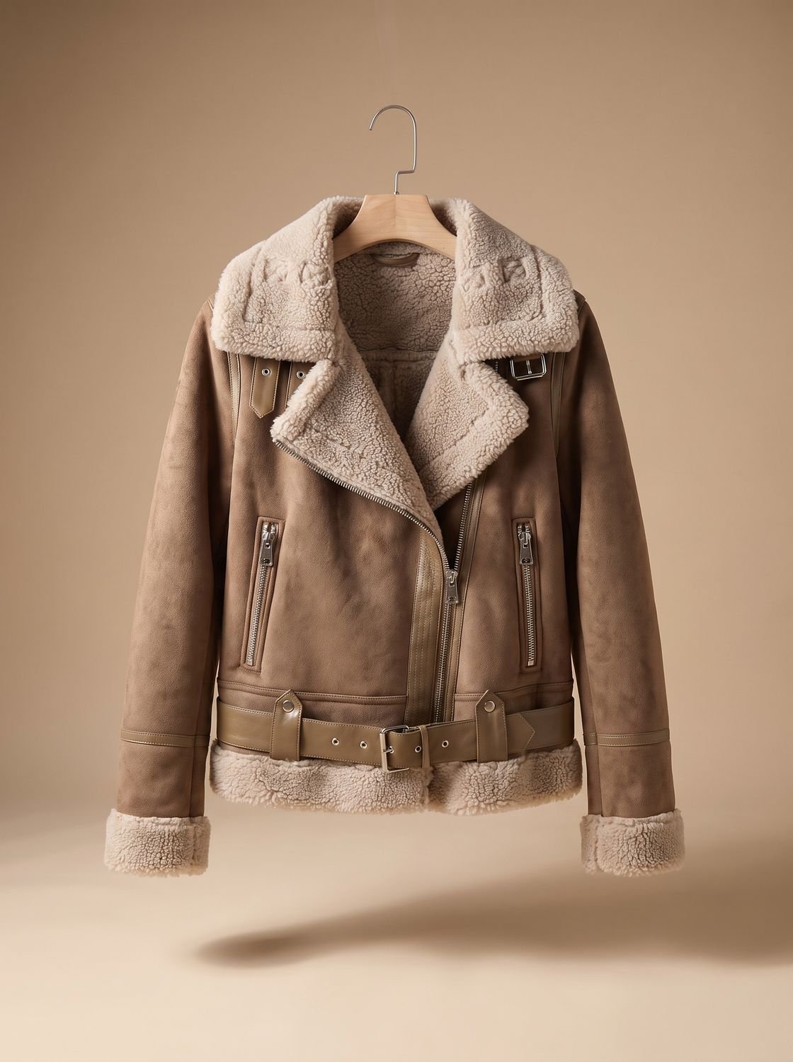 Amelia | Women's Shearling-Lined Cropped Belted Moto Jacket, Brown