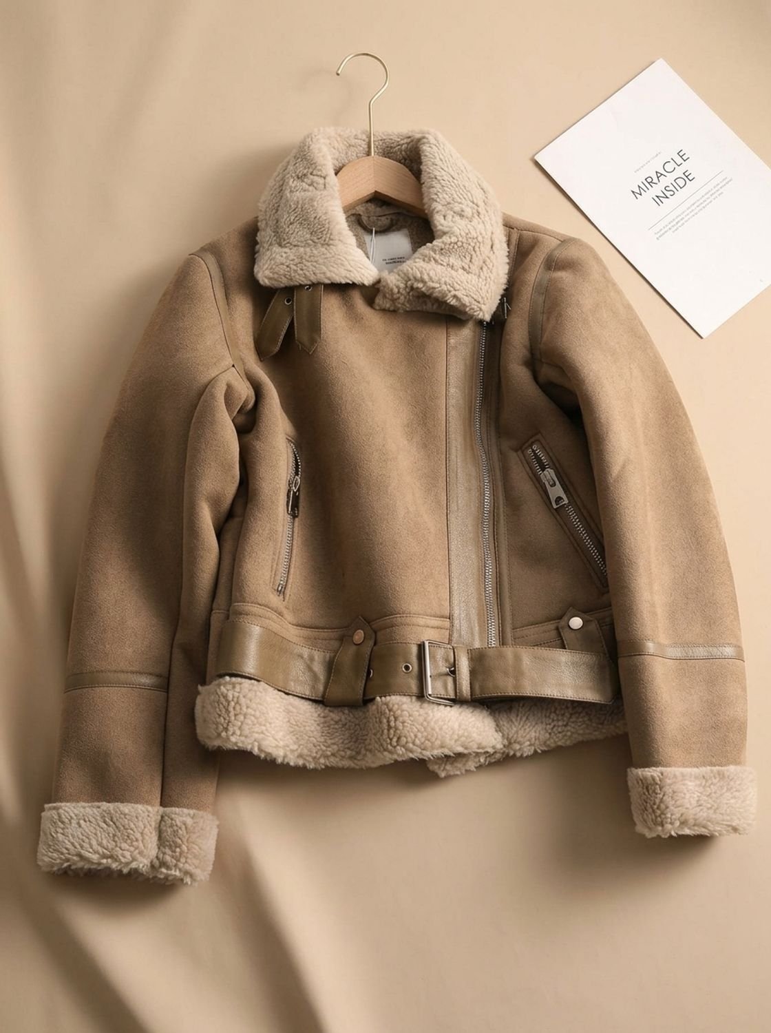 Amelia | Women's Shearling-Lined Cropped Belted Moto Jacket, Brown