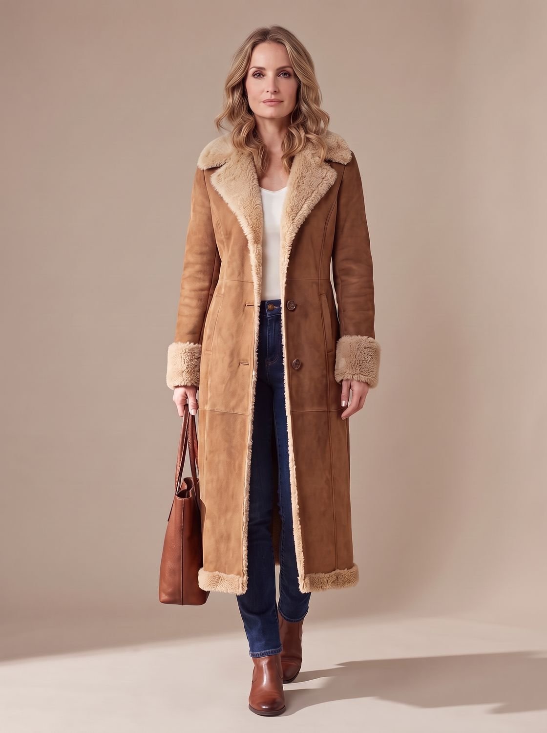 Camila | Women's Shearling-Lined Long Button-Front Faux Fur Coat