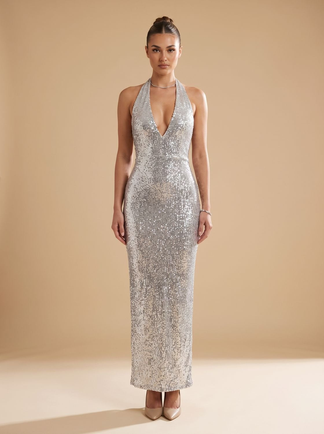 Grace | Women's Silver Halter-Neck Sequin Maxi Dress