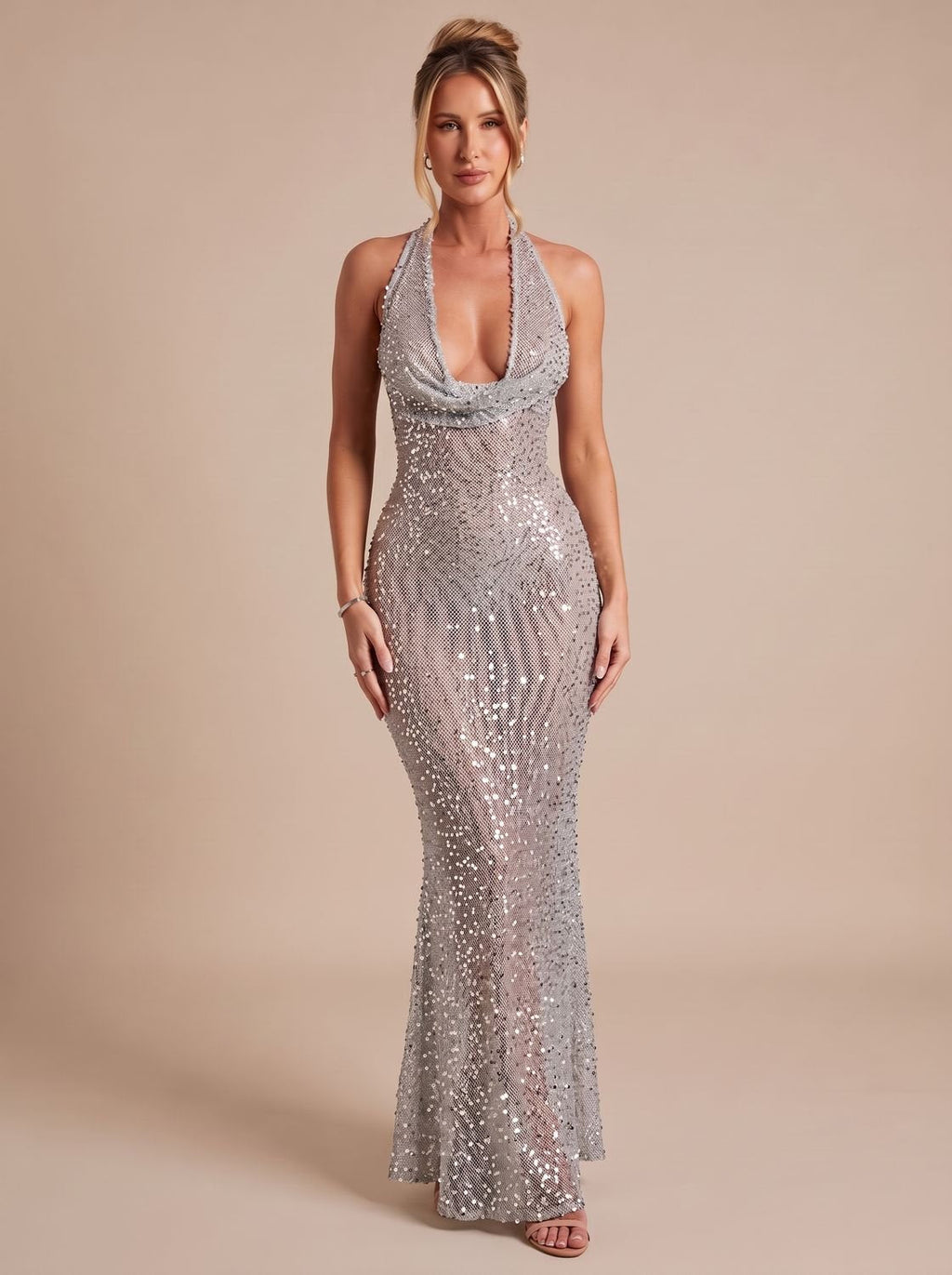 Grace | Women's Silver Halter-Neck Sequin Maxi Dress