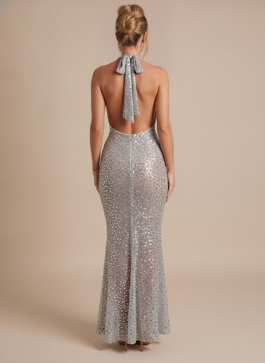 Grace | Women's Silver Halter-Neck Sequin Maxi Dress