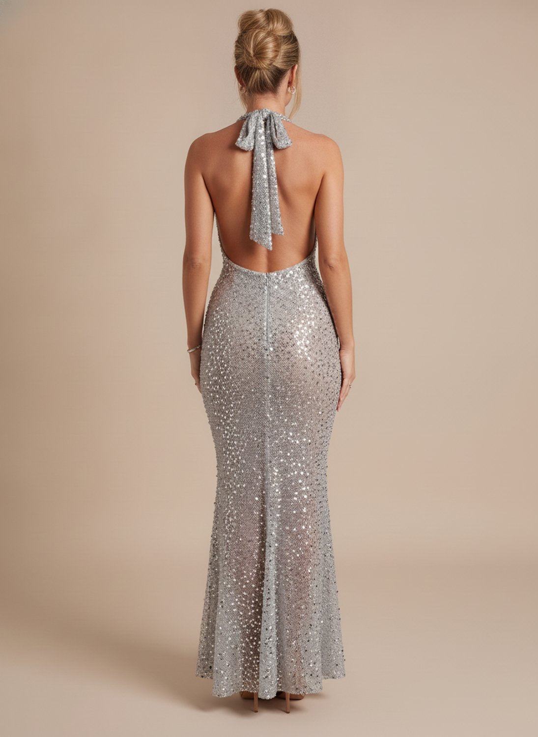 Grace | Women's Silver Halter-Neck Sequin Maxi Dress