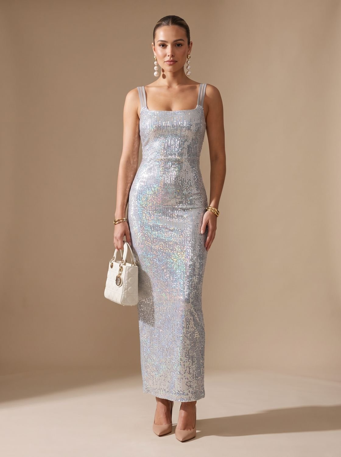 Olivia | Women's Silver Maxi Sequin Dress Square-Neck Thin-Strap Bodycon Gown