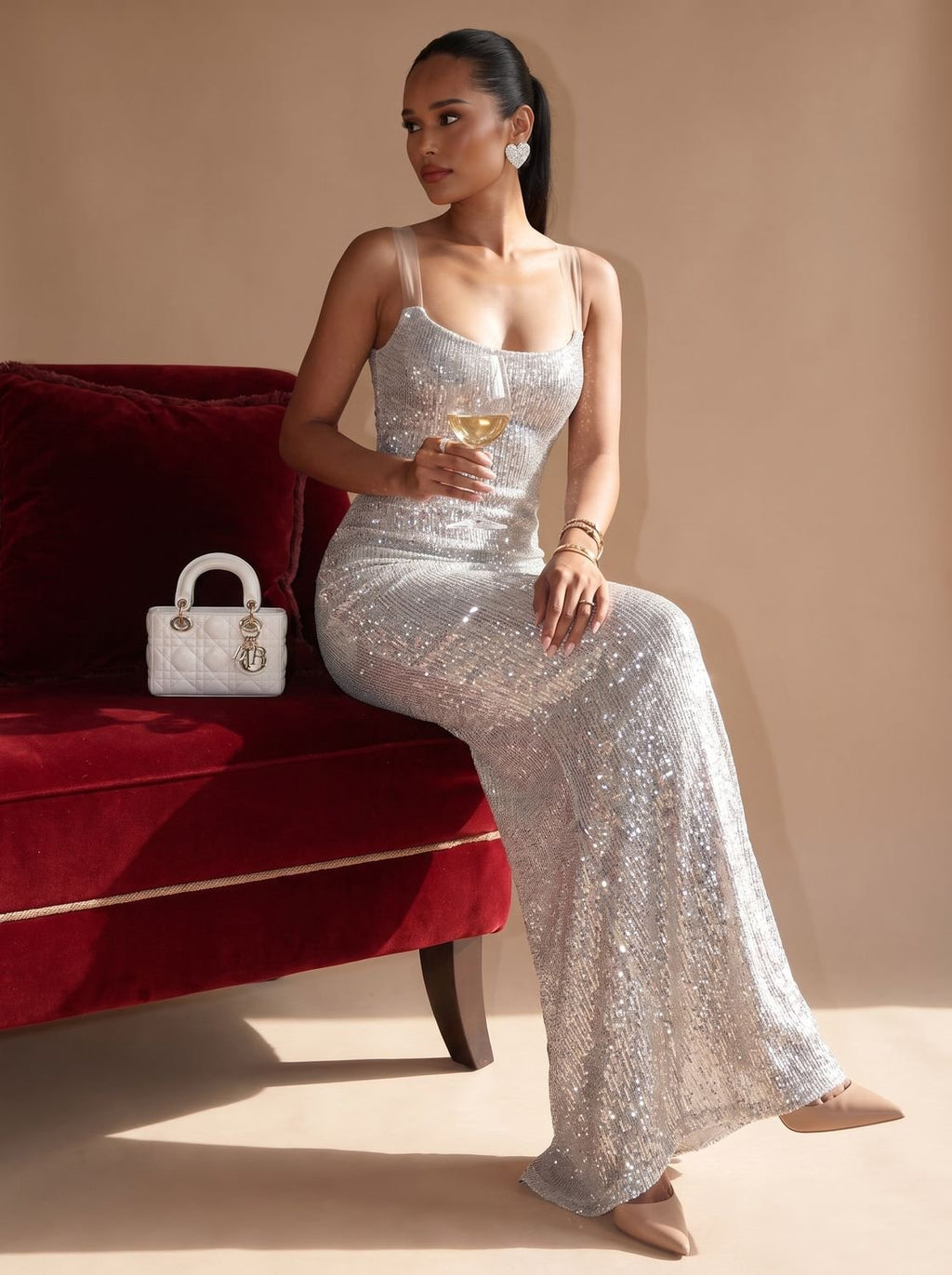 Olivia | Women's Silver Maxi Sequin Dress Square-Neck Thin-Strap Bodycon Gown