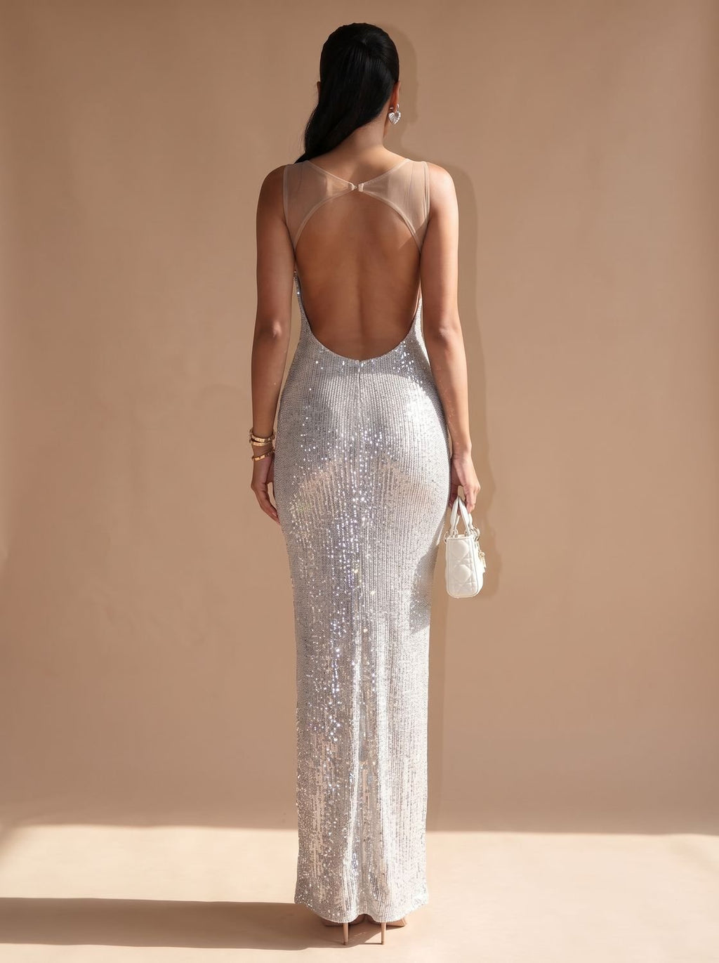 Olivia | Women's Silver Maxi Sequin Dress Square-Neck Thin-Strap Bodycon Gown
