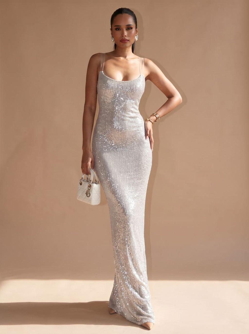 Olivia | Women's Silver Maxi Sequin Dress Square-Neck Thin-Strap Bodycon Gown