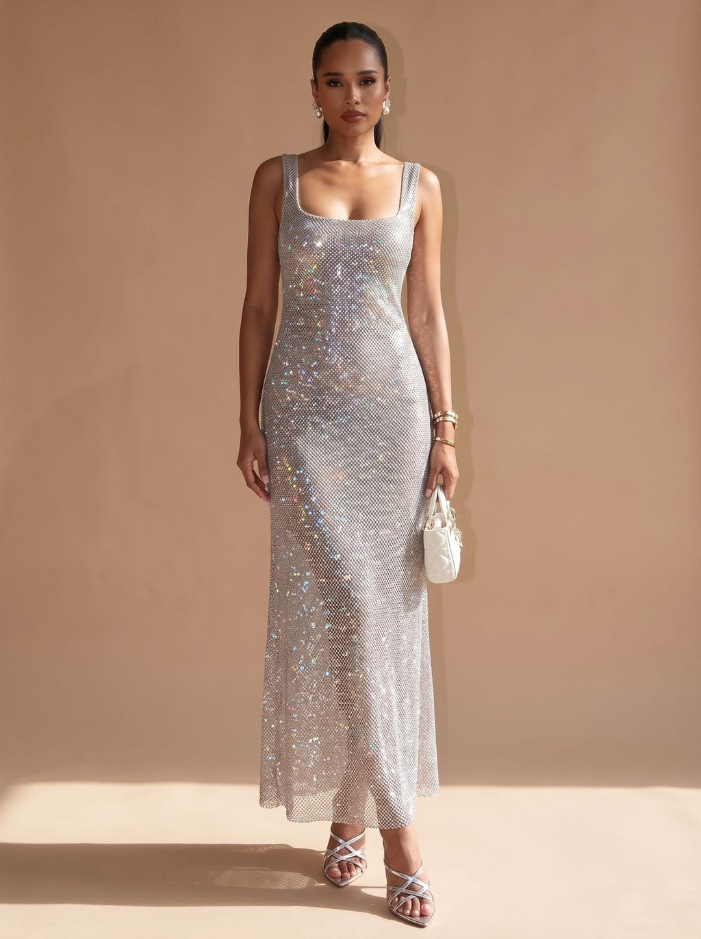 Olivia | Women's Silver Maxi Sequin Dress Square-Neck Thin-Strap Bodycon Gown