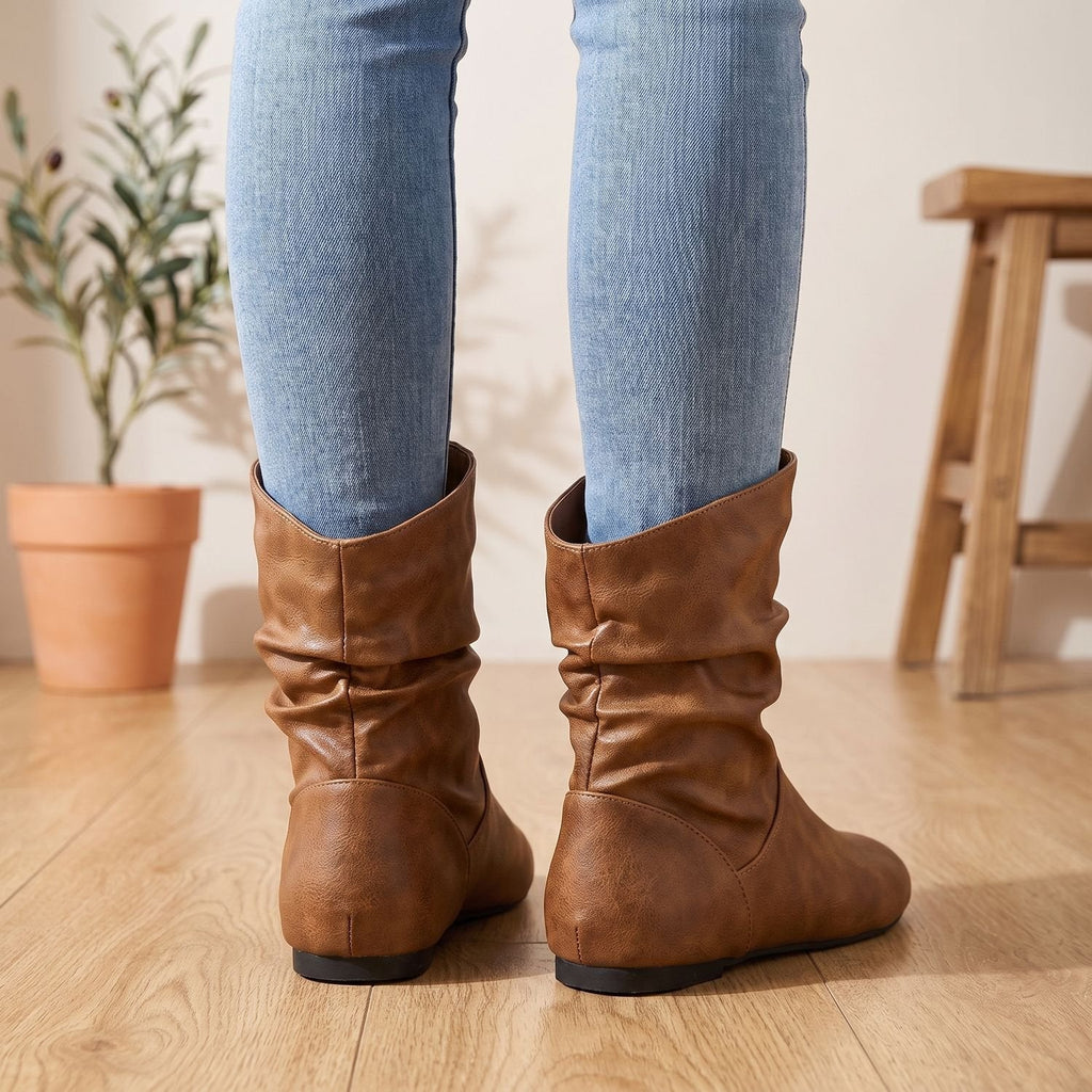 Charlotte | Women's Slouchy Flat Ankle Boots Round-Toe Pull-On