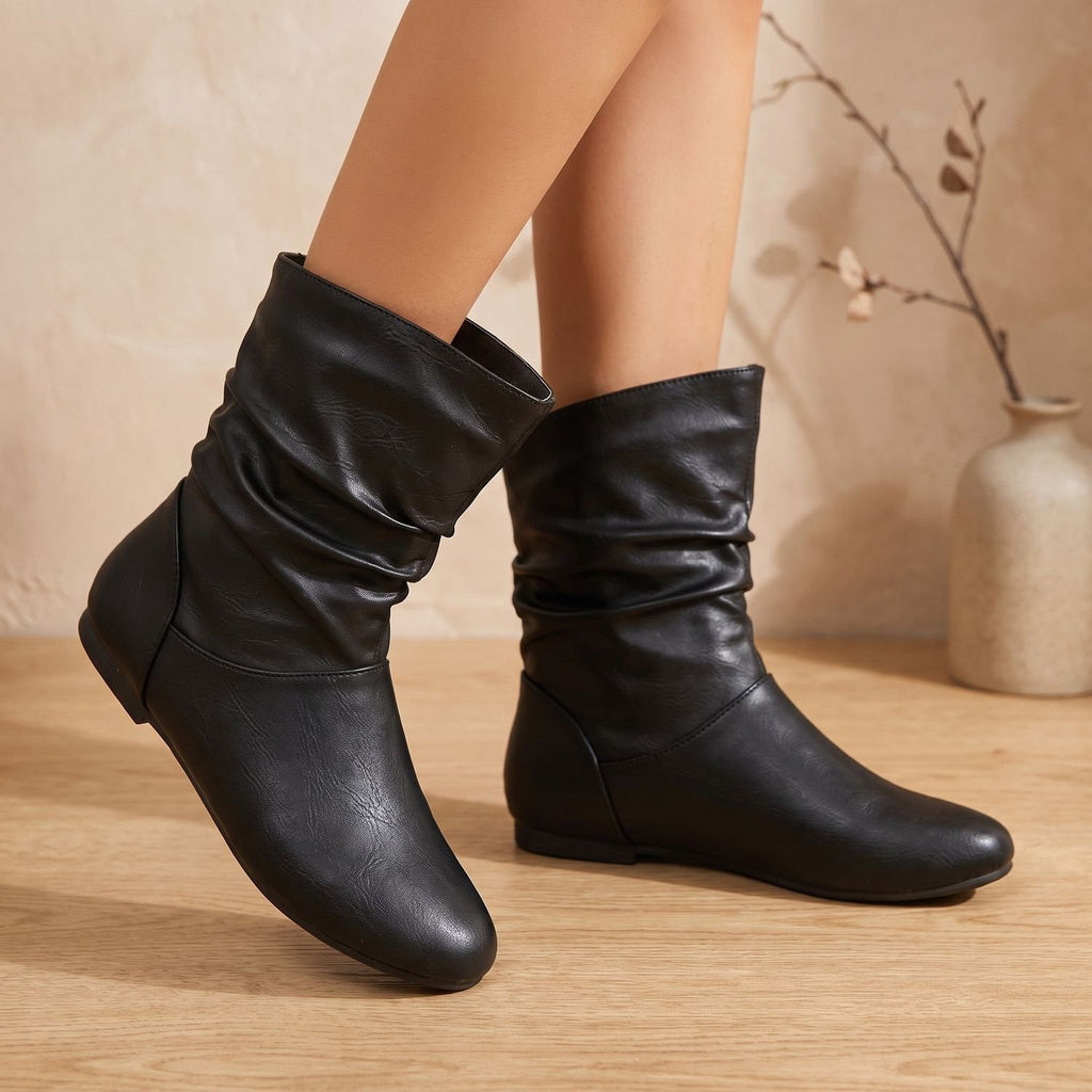 Charlotte | Women's Slouchy Flat Ankle Boots Round-Toe Pull-On
