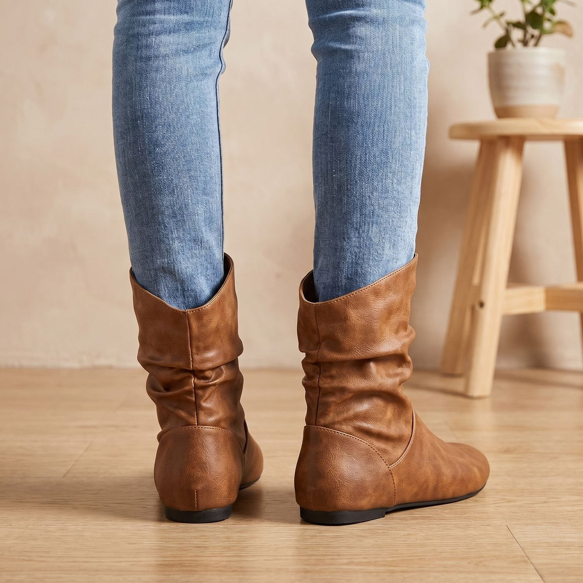 Charlotte | Women's Slouchy Flat Ankle Boots Round-Toe Pull-On