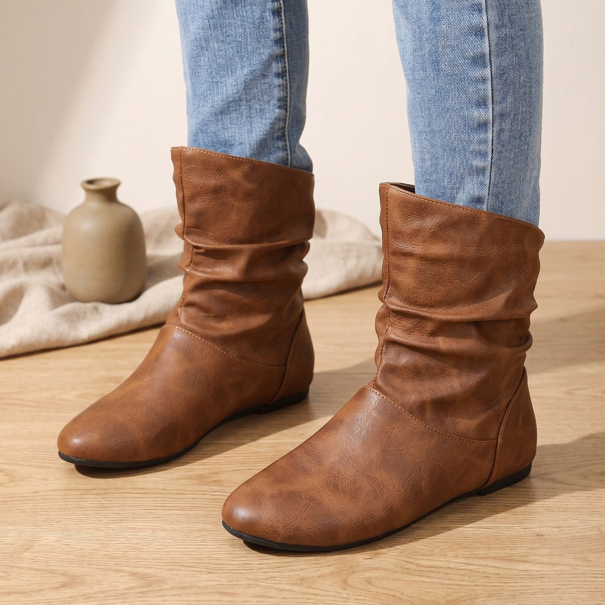 Charlotte | Women's Slouchy Flat Ankle Boots Round-Toe Pull-On