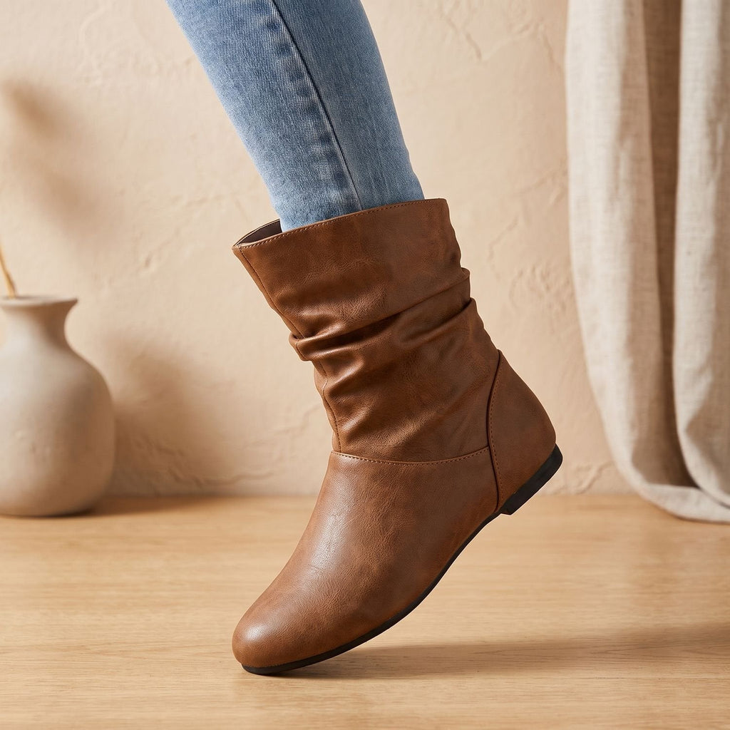 Charlotte | Women's Slouchy Flat Ankle Boots Round-Toe Pull-On