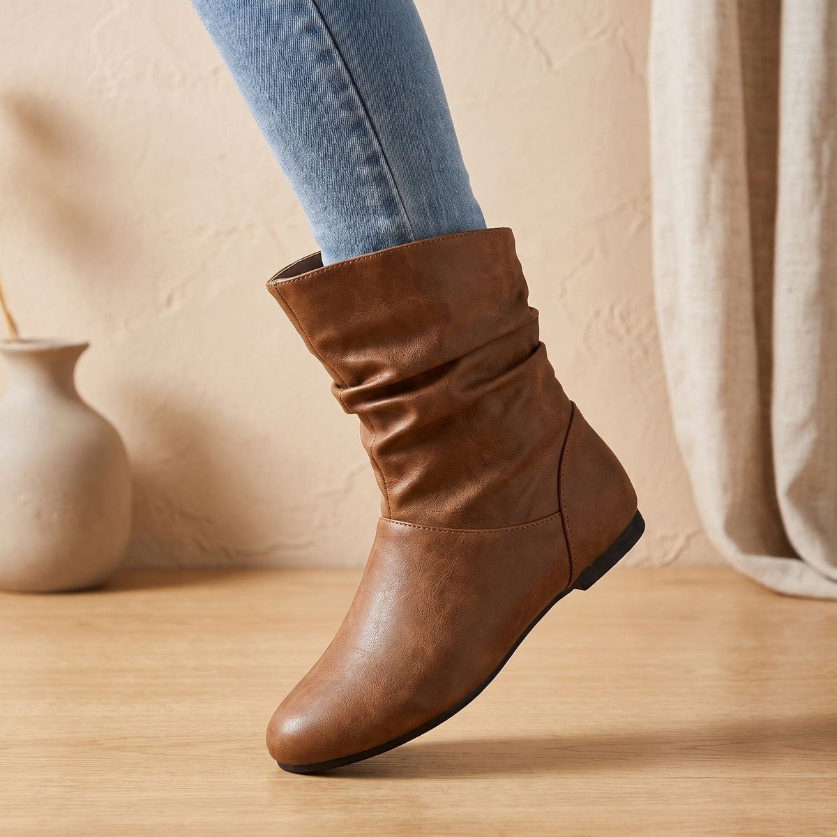 Charlotte | Women's Slouchy Flat Ankle Boots Round-Toe Pull-On