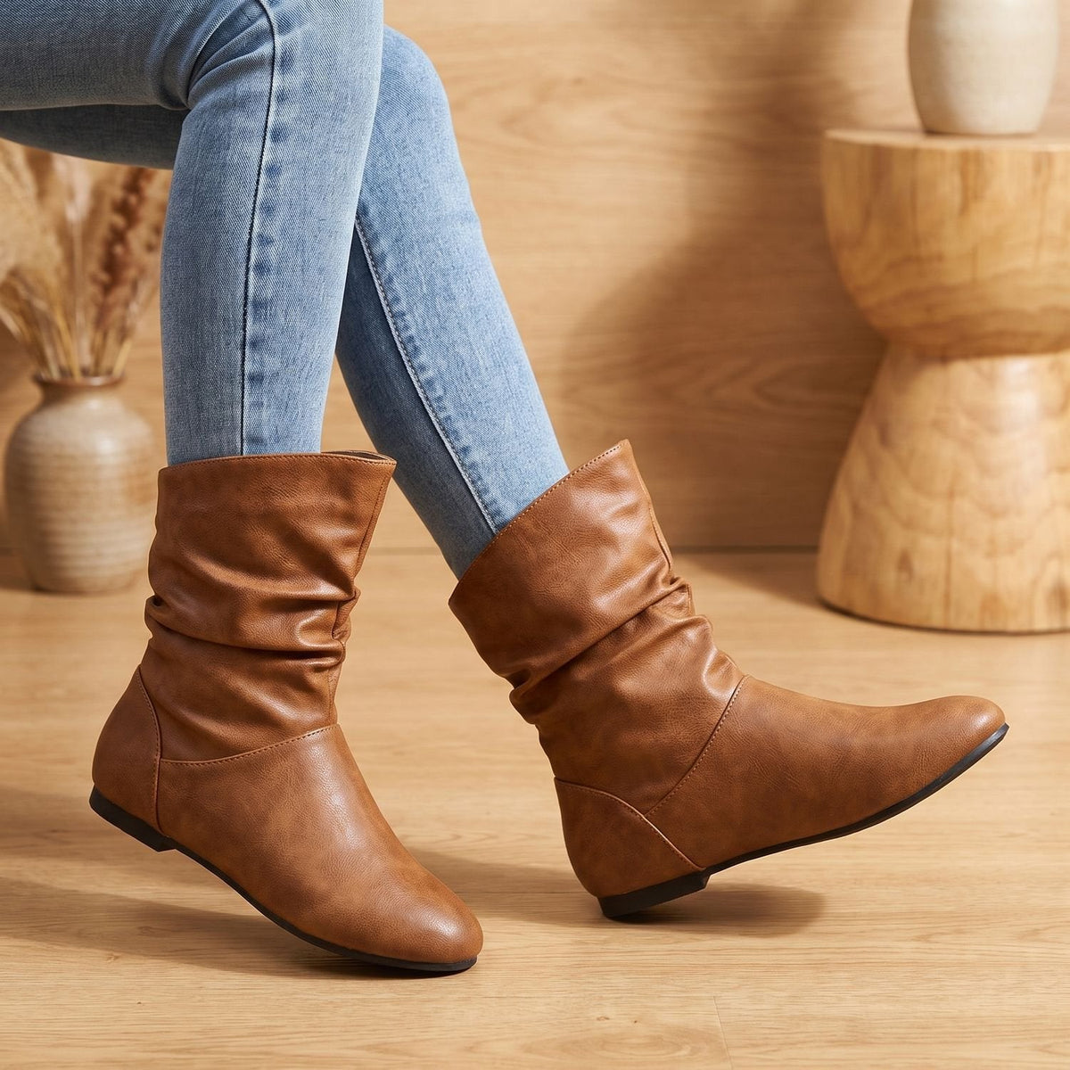 Charlotte | Women's Slouchy Flat Ankle Boots Round-Toe Pull-On