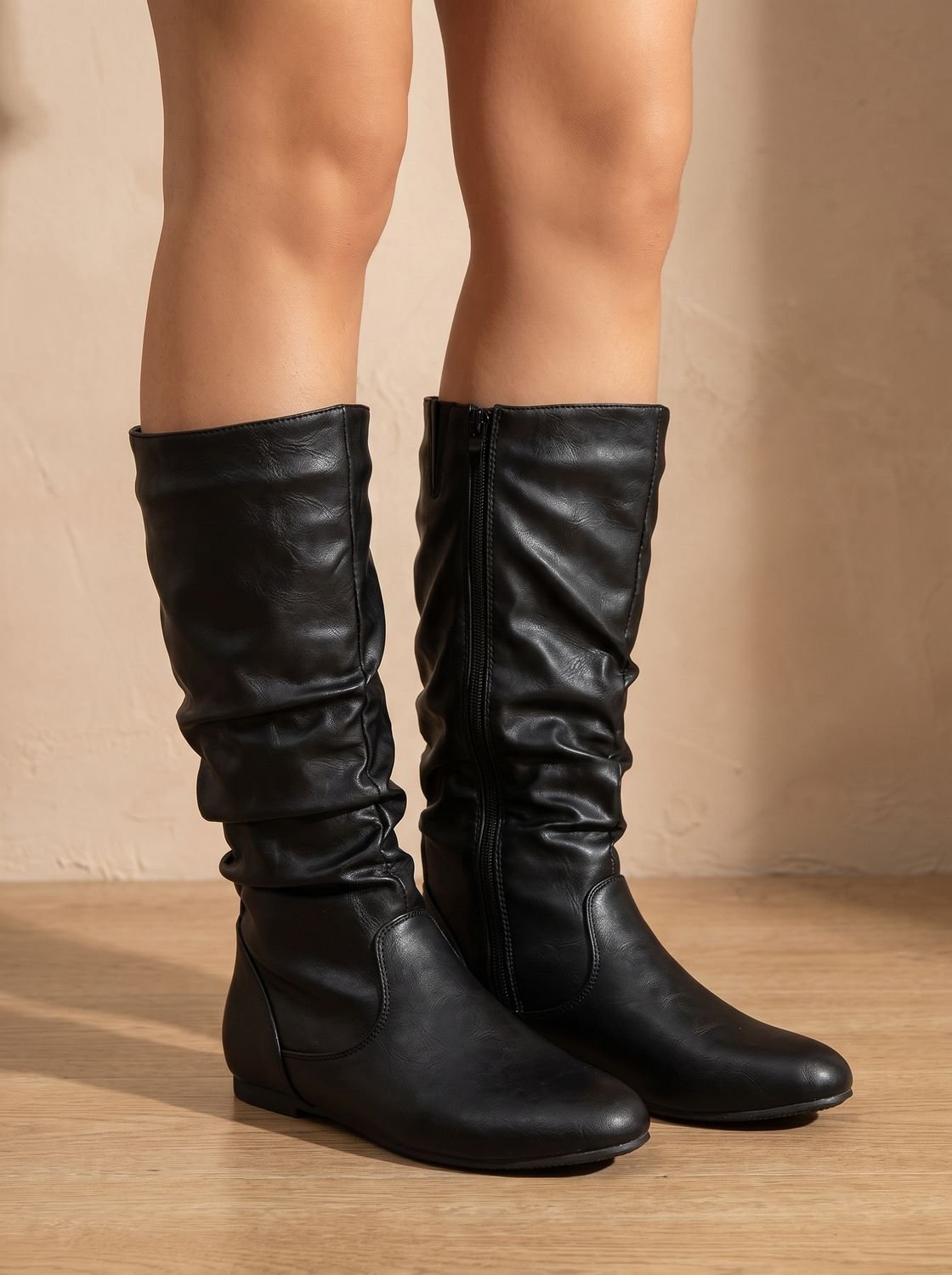 Harper | Women's Slouchy Flat Knee High Boots Round Toe Side Zip