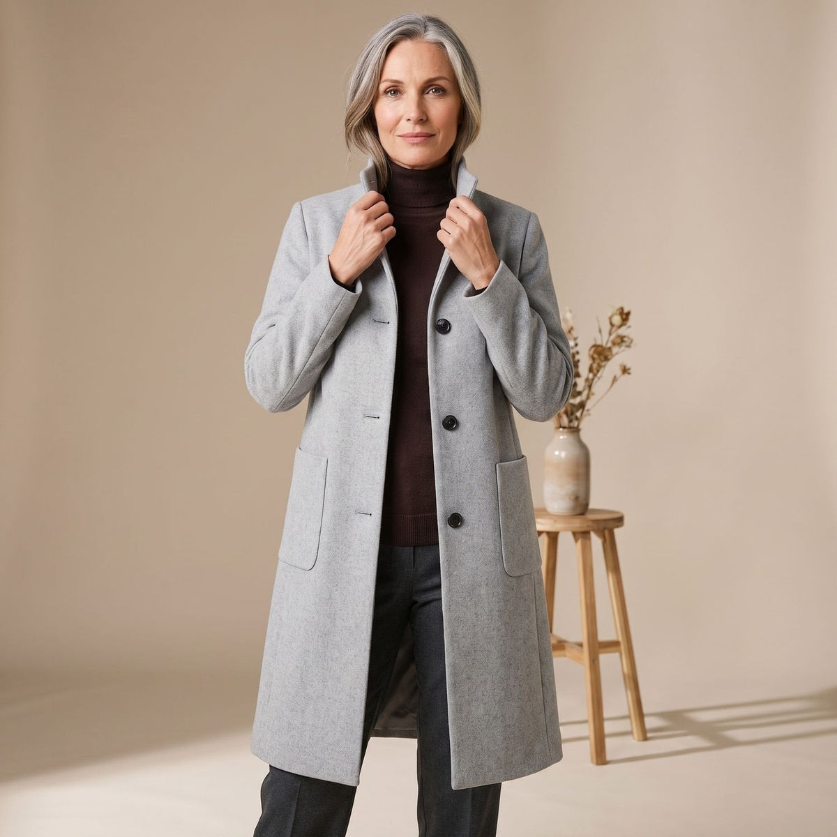 Evelyn | Women's Stand-Collar Button-Front Wool-Blend Midi Coat