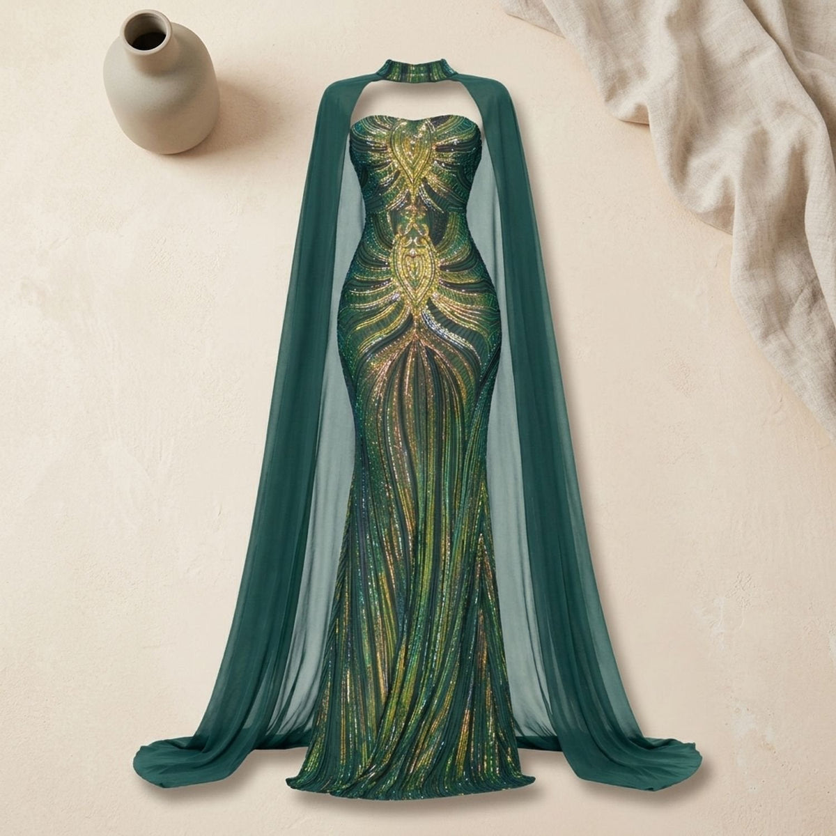 Victoria | Women's Strapless Sequin Cape Mermaid Evening Gown