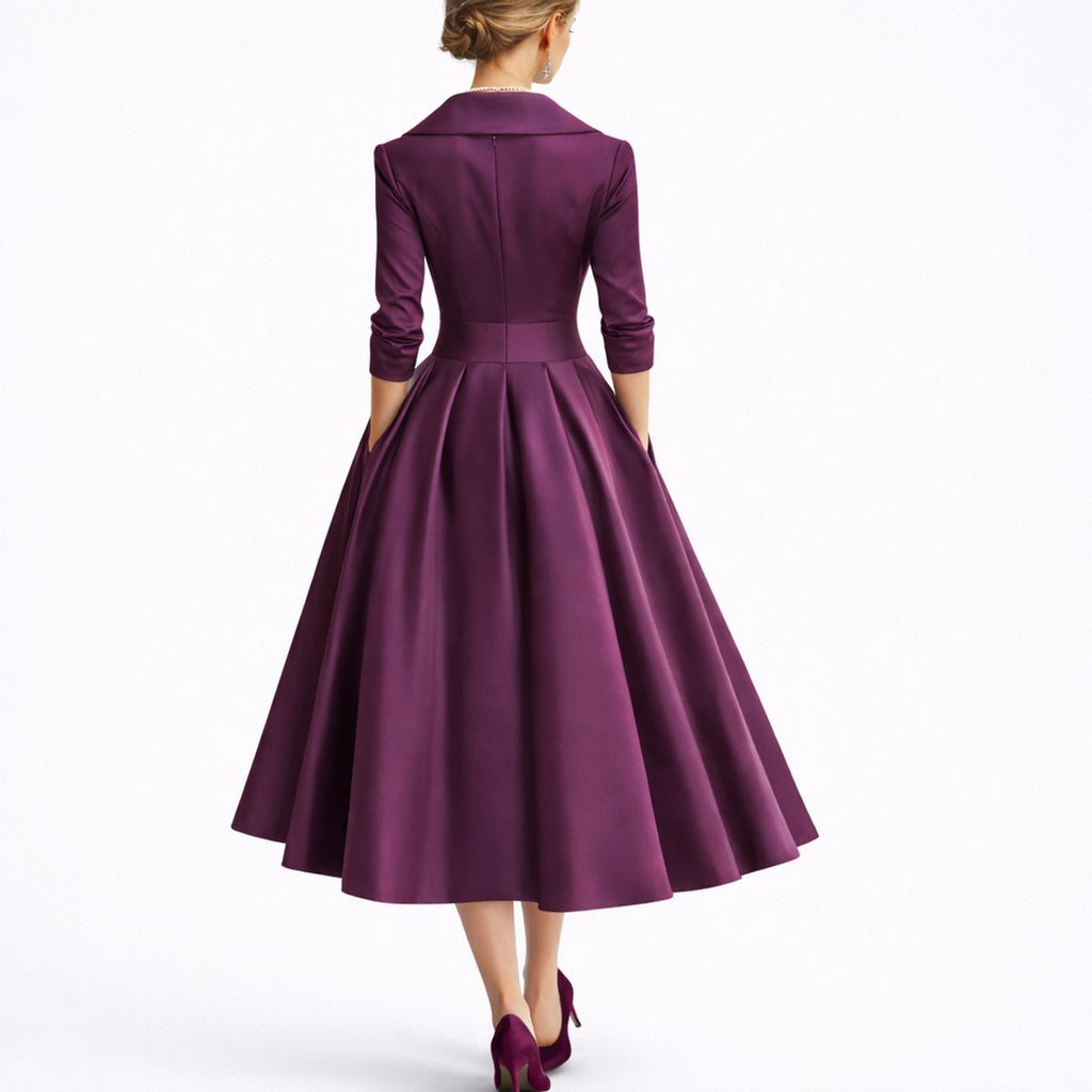 Women's Structured A-Line Midi Fall Wedding Guest Dress 3/4 Sleeve
