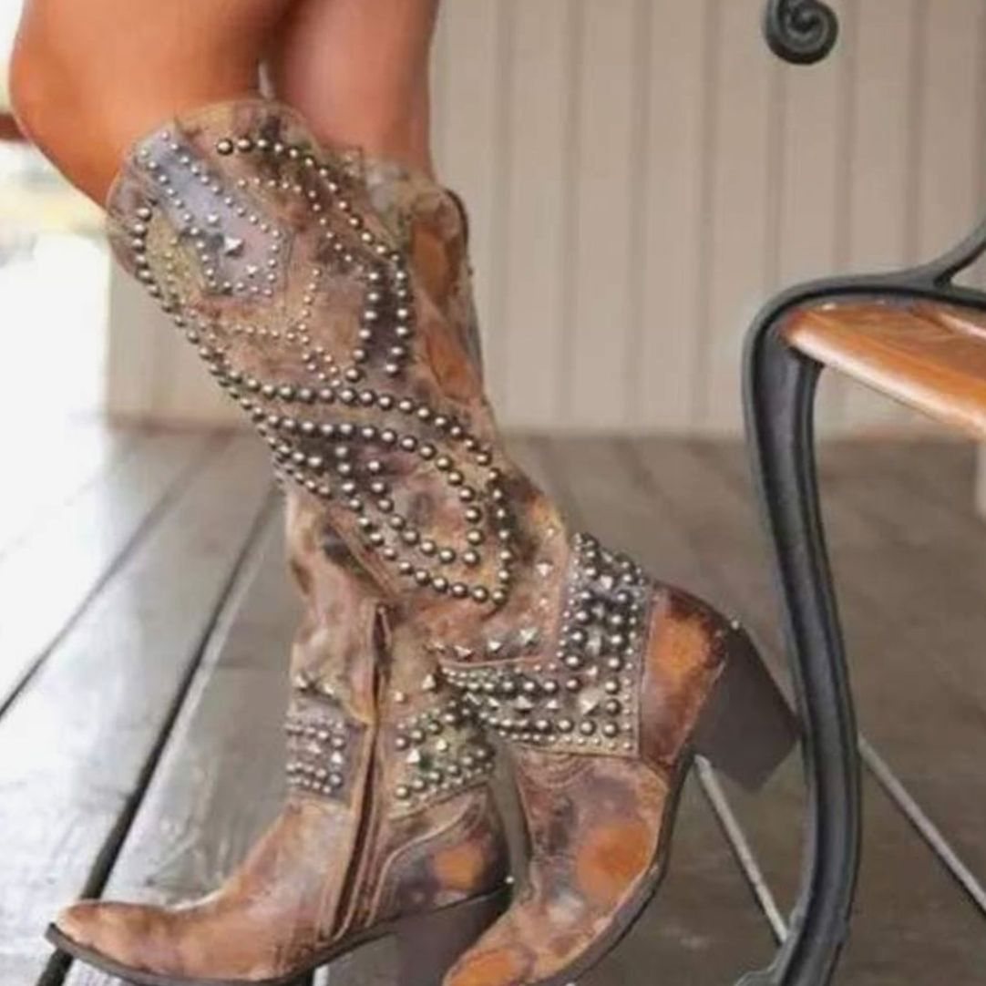 Women's Studded Knee-High Chunky Heel Cowboy Boots