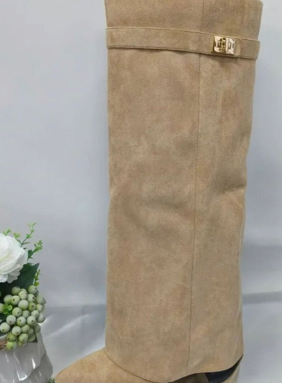 Women's Suede Knee-High Buckle-Strap Wedge Thigh-High Boots
