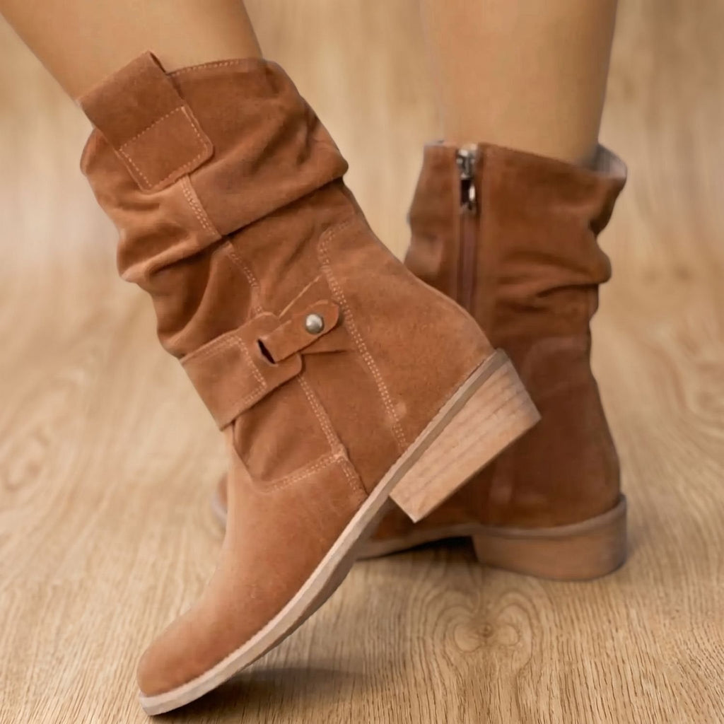 Penelope | Women's Suede Knee-High Slouch Block-Heel Boots