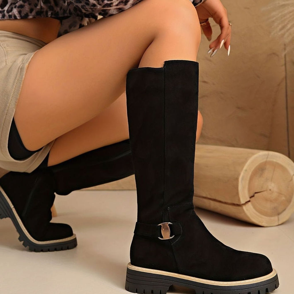 Amelia | Women's Suede-Look Block Heel Knee High Boots Side Zip