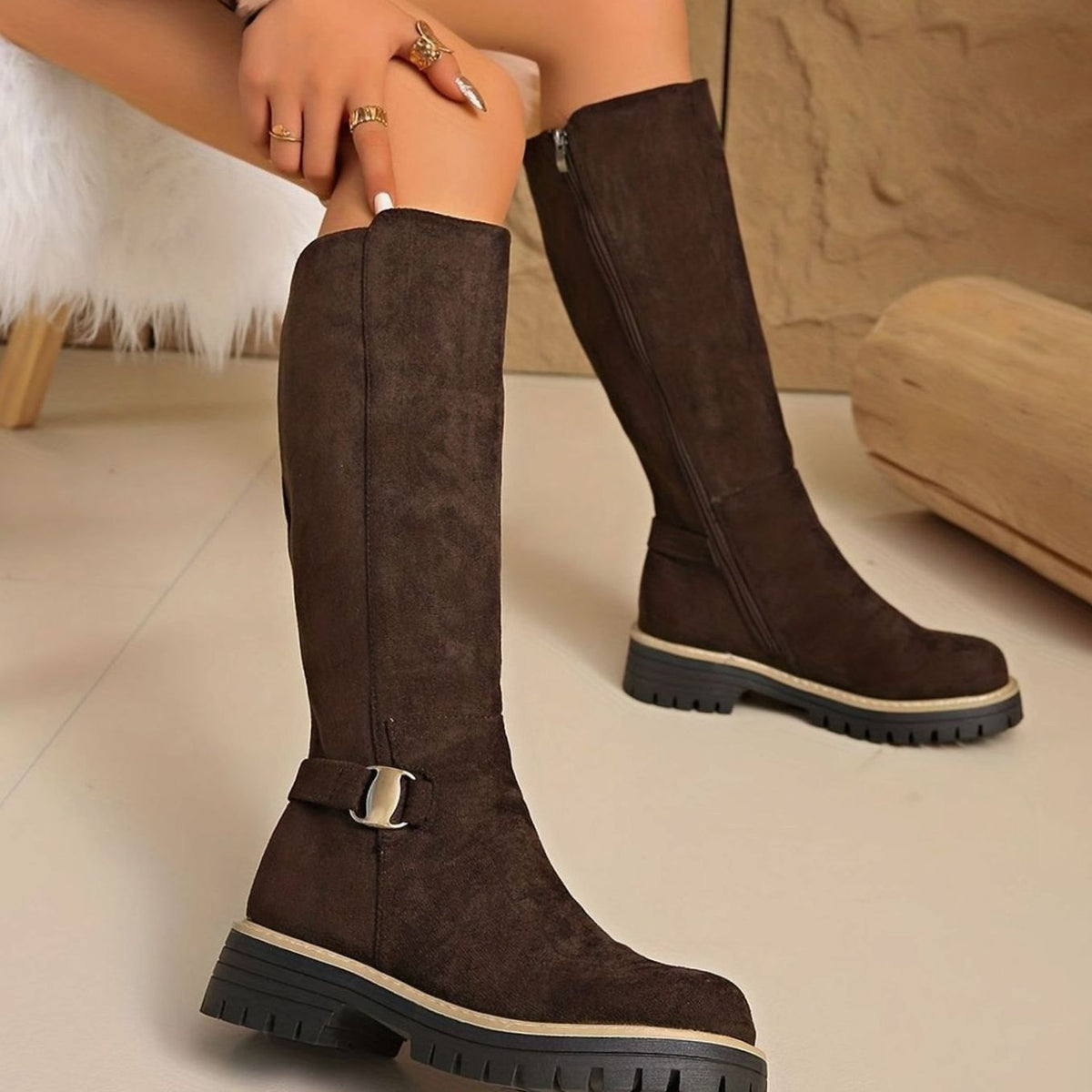 Amelia | Women's Suede-Look Block Heel Knee High Boots Side Zip
