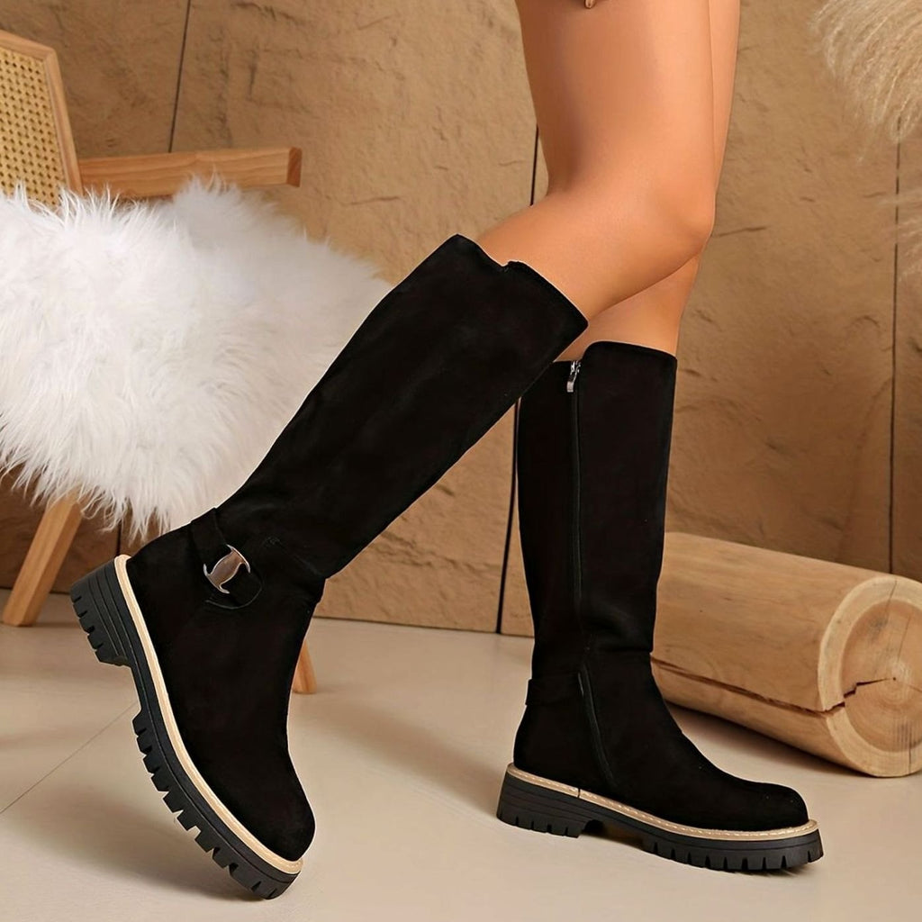 Amelia | Women's Suede-Look Block Heel Knee High Boots Side Zip
