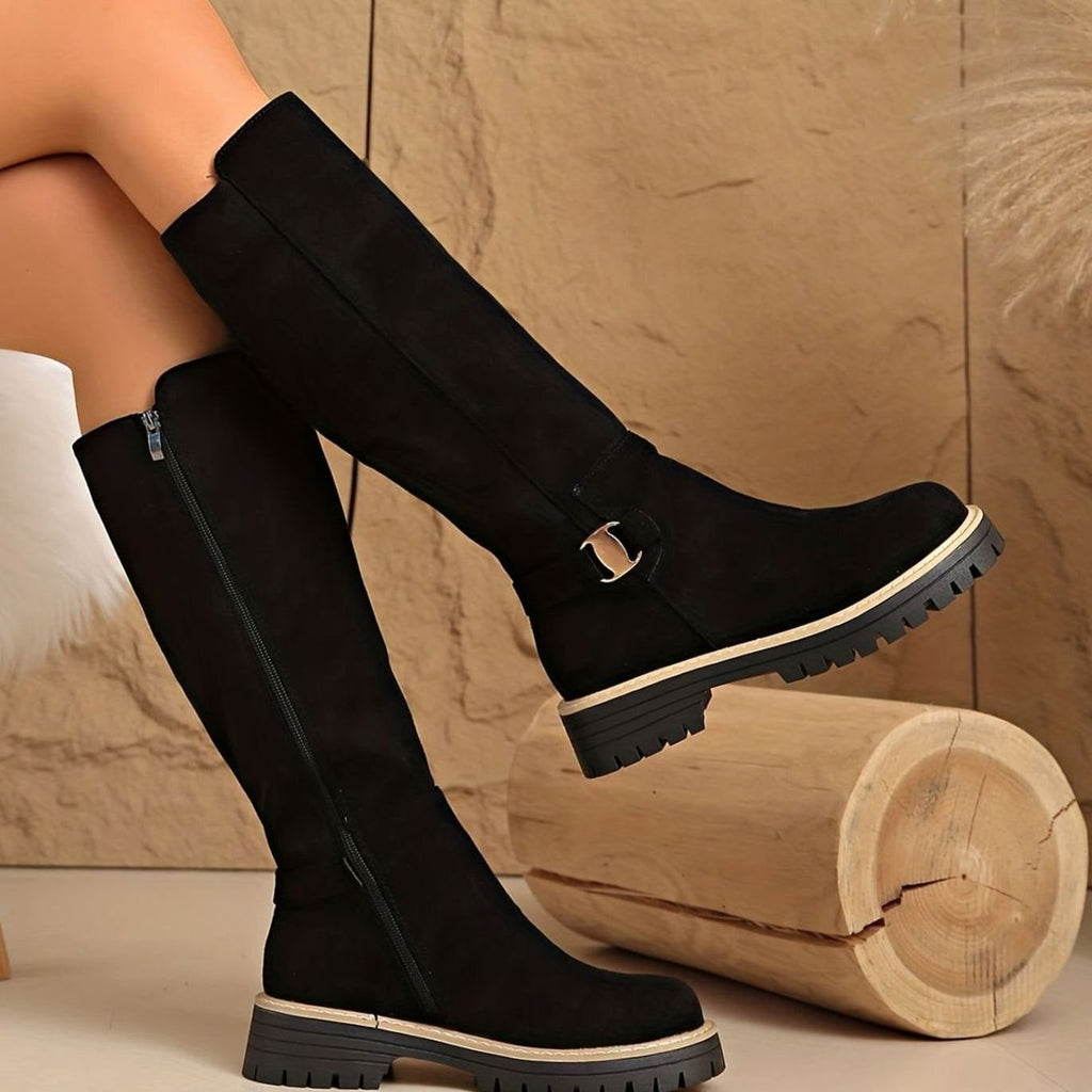 Amelia | Women's Suede-Look Block Heel Knee High Boots Side Zip