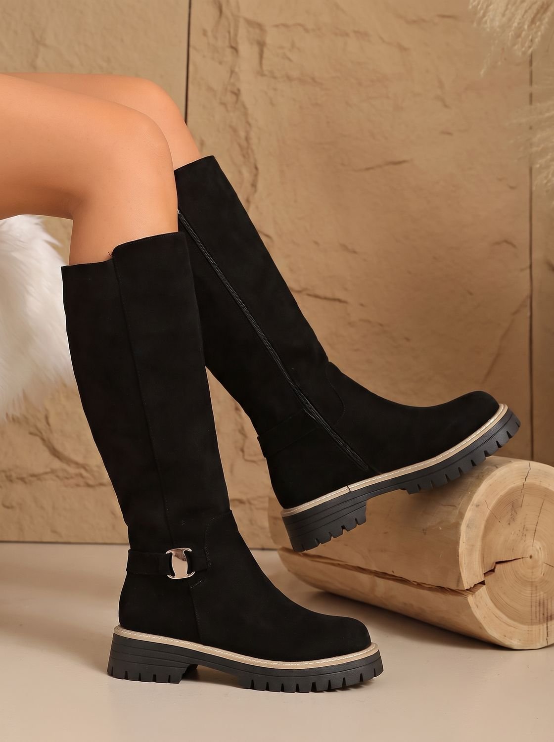 Evelyn | Women's Suede-Style Buckle Accent Side-Zip Knee High Boots