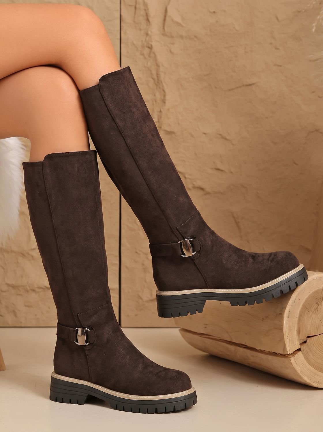 Evelyn | Women's Suede-Style Buckle Accent Side-Zip Knee High Boots