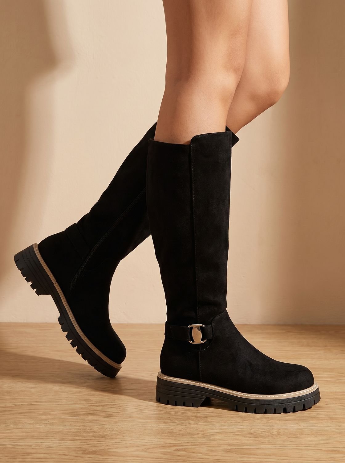 Evelyn | Women's Suede-Style Buckle Accent Side-Zip Knee High Boots