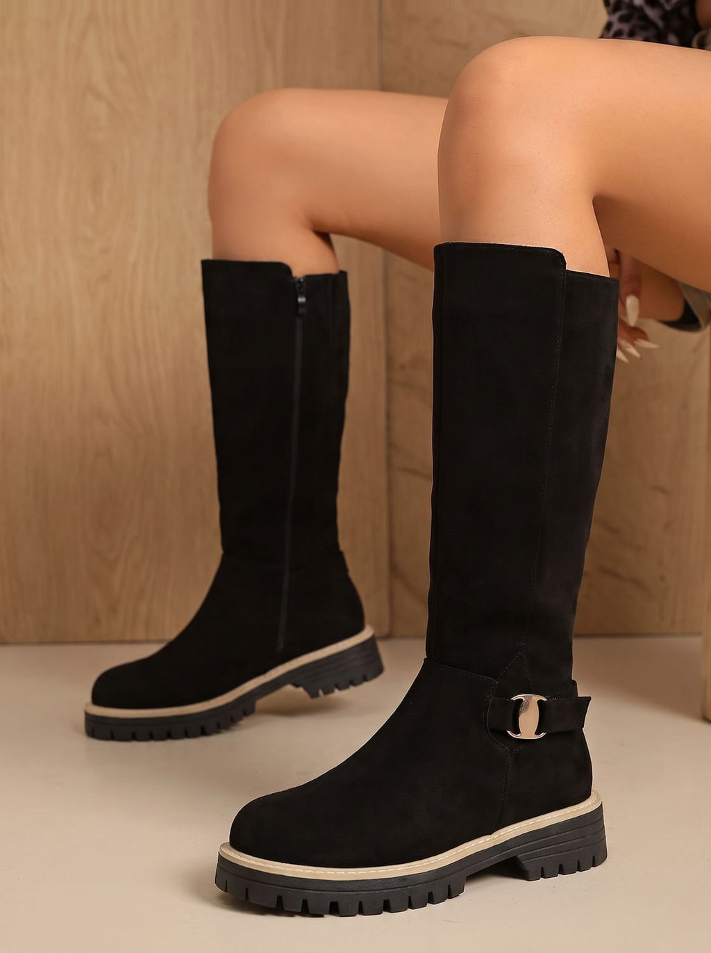 Evelyn | Women's Suede-Style Buckle Accent Side-Zip Knee High Boots
