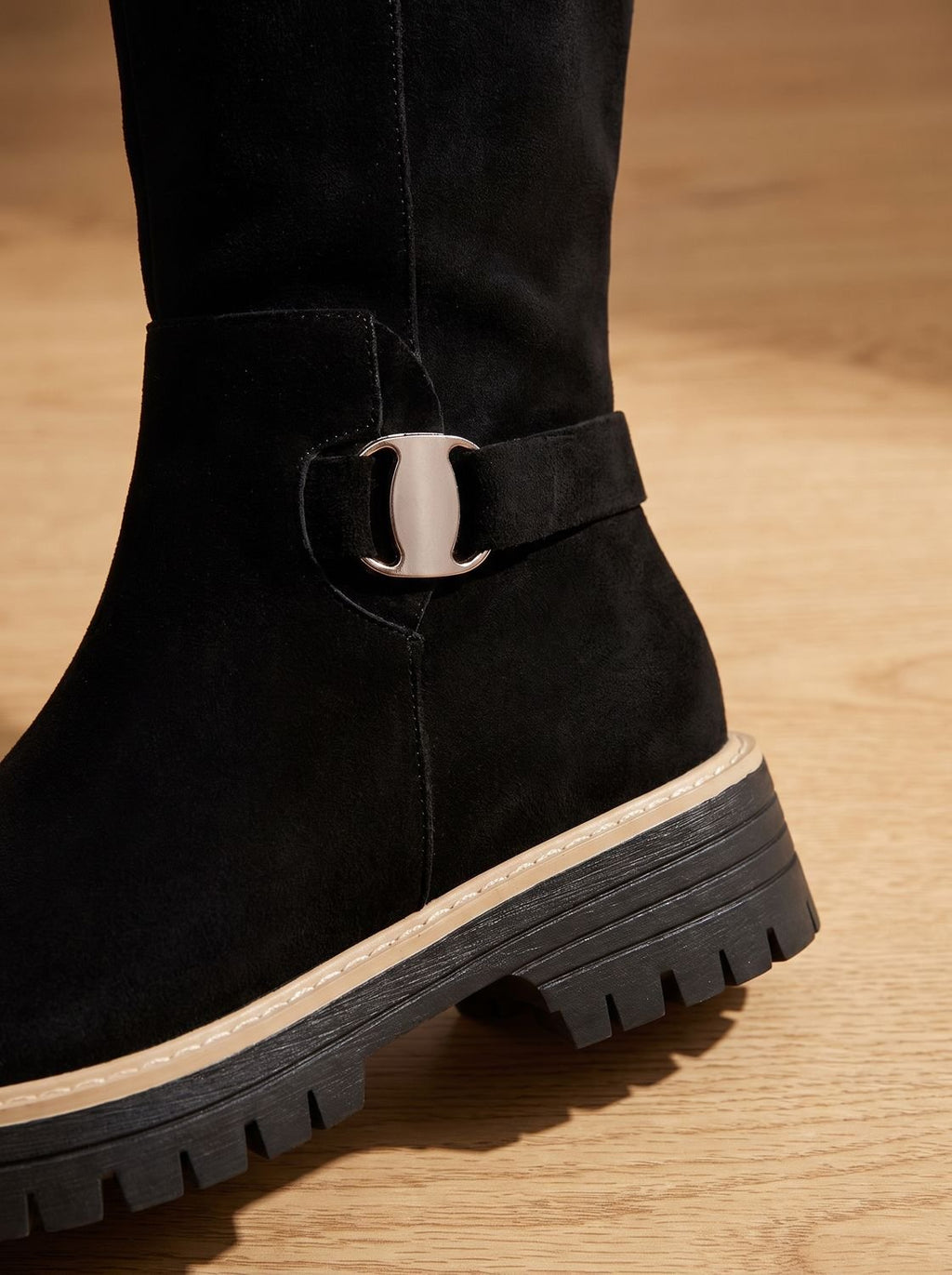 Evelyn | Women's Suede-Style Buckle Accent Side-Zip Knee High Boots