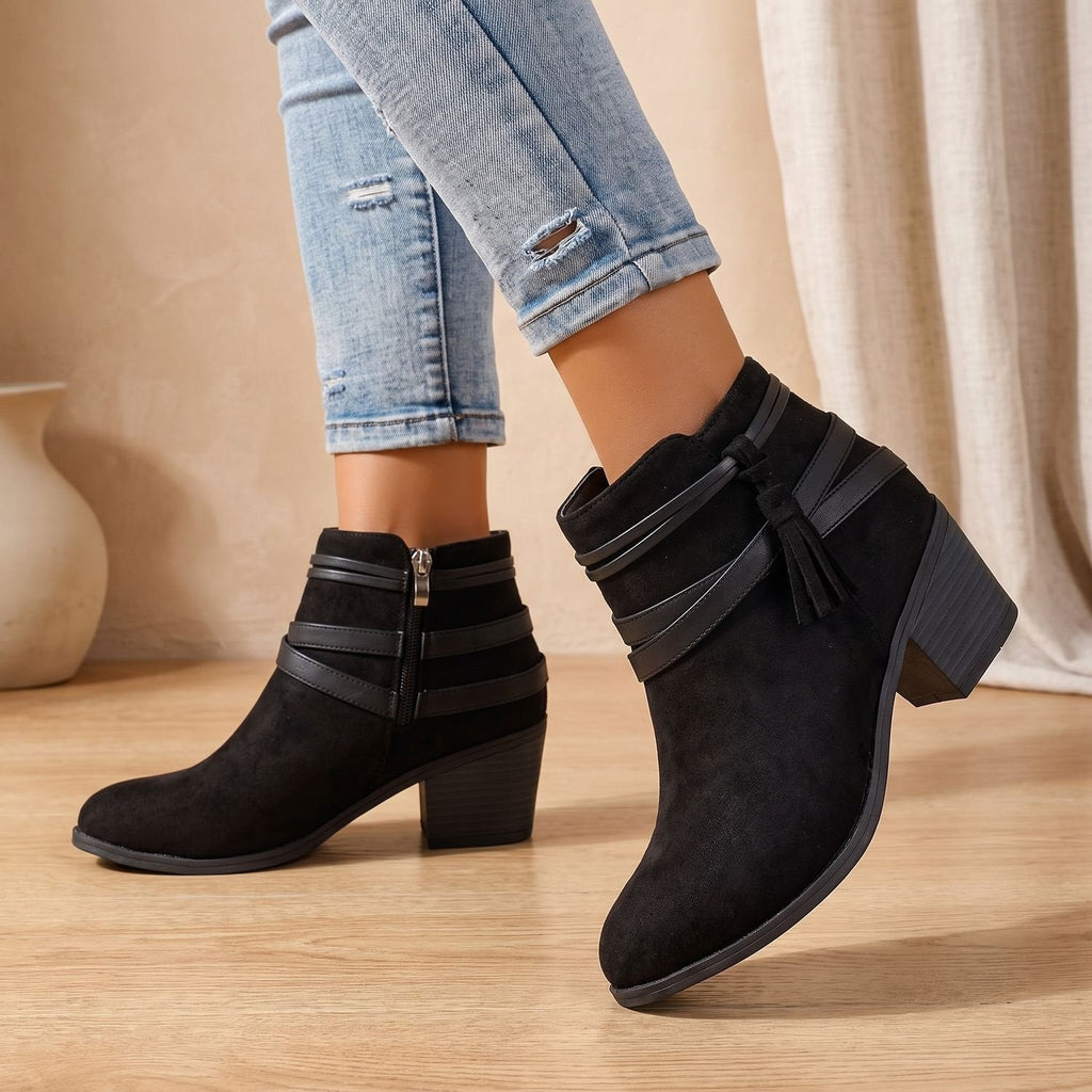 Charlotte | Women's Suede Tassel Block-Heel Ankle Boots Side Zip