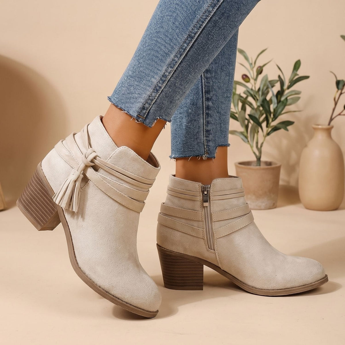 Charlotte | Women's Suede Tassel Block-Heel Ankle Boots Side Zip